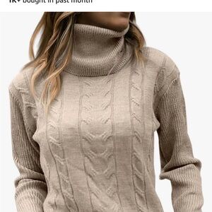 Womens' Tan colored Turtleneck Long Sleeve Cable Knit Sweater.